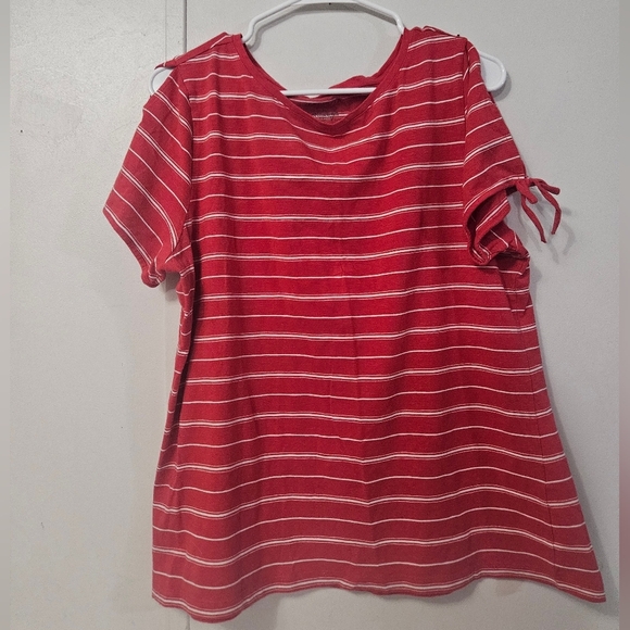 Talbots Tie Sleeve Red And White Striped Short Sleeve Tee! - Picture 1 of 6